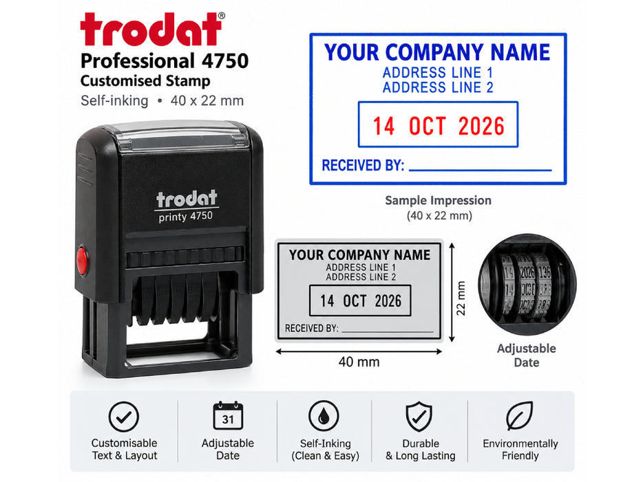Trodat 4750 Customised Stamp 40 x 22mm, with Date