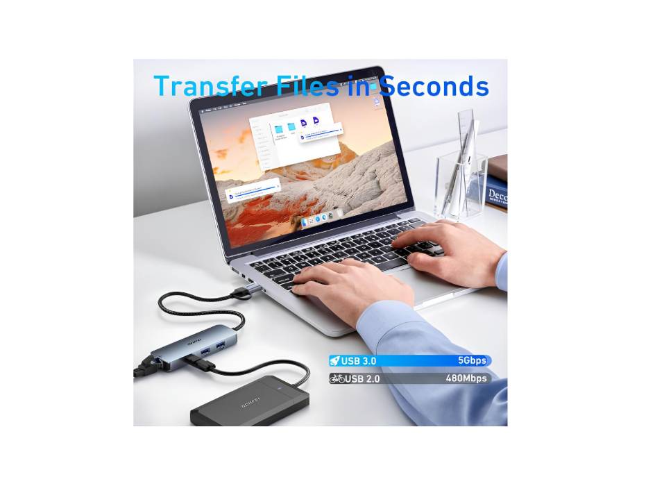 BENFEI 5 in 1 USB-C/ USB 3.0 to Gigabit Ethernet Adapter, 3-Port USB 3.0 Hub with RJ45