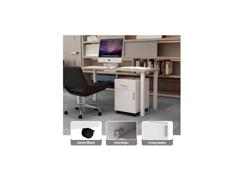 RIGID Wooden Mobile Pedestal Filing Cabinet with Drawer & Door, Under Desk Storage Unit with Wheels, Bedside Organizer for Home & Office , White (50D x 40W x 56H CM)