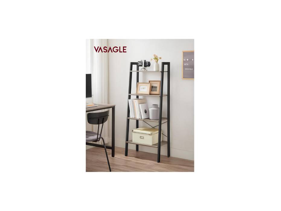 VASAGLE Ladder Shelf, 4-Tier Bookshelf, Storage Rack, Bookcase with Steel Frame, for Living Room, Home Office, Kitchen, Bedroom, Industrial Style, Greige and Black