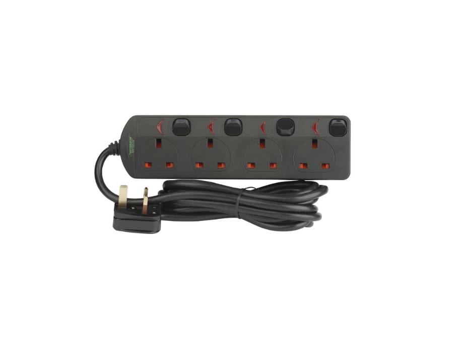 Terminator 4 Way UK Power Extension Socket 3M Cable  (Black) - TPB 834UKB