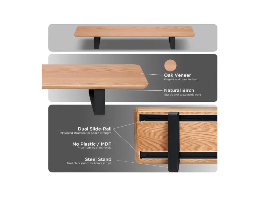 Moodular Wooden Monitor Stand 33.4” (85cm) Desk Organizer with Metal Slide Rails, Oak MS85-O