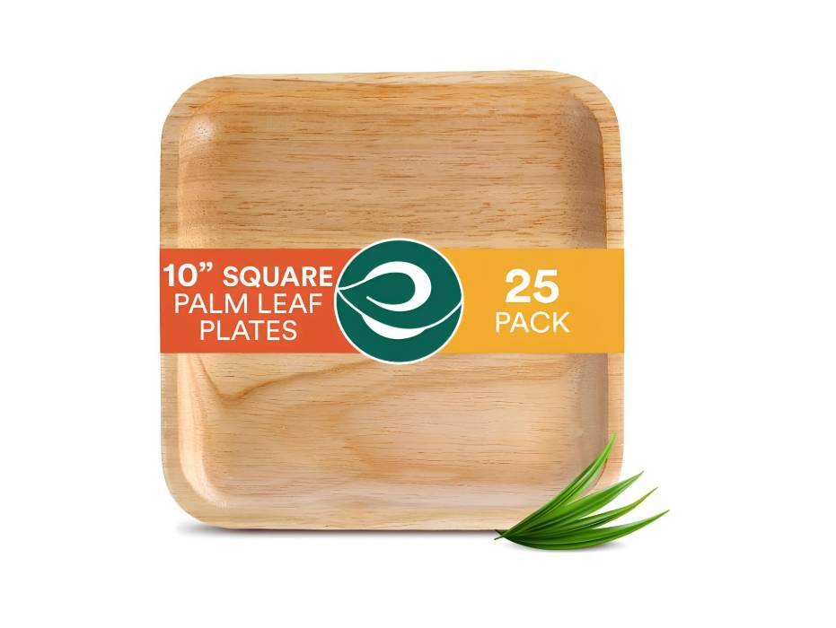 ECO SOUL [10 inch, 25-Pack] Areca Palm Leaf Square Plates Disposable Eco-Friendly Biodegradable Like Bamboo Wood Plates, Square