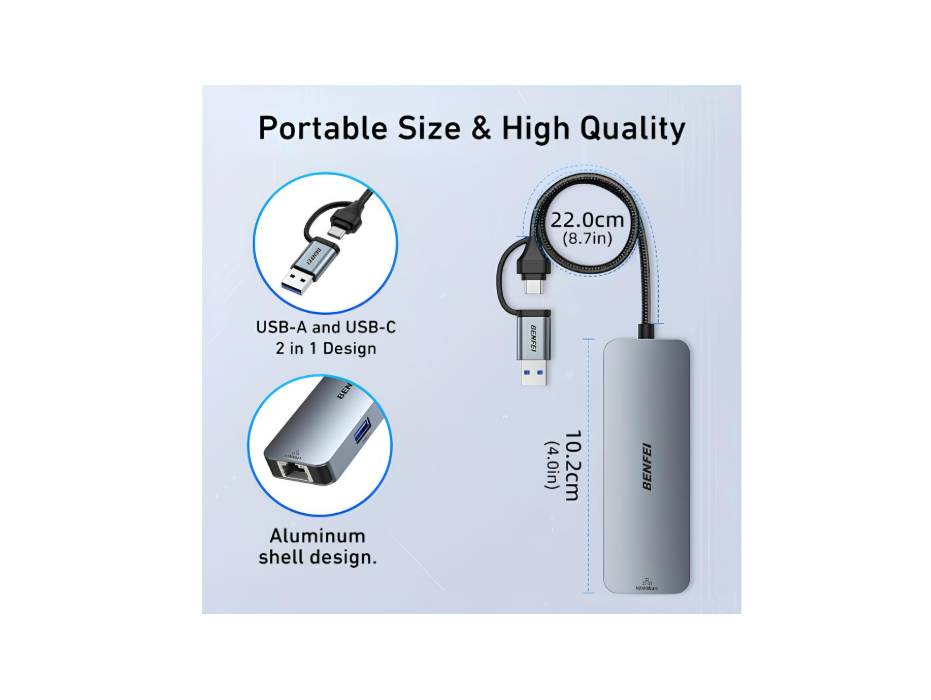 BENFEI 5 in 1 USB-C/ USB 3.0 to Gigabit Ethernet Adapter, 3-Port USB 3.0 Hub with RJ45