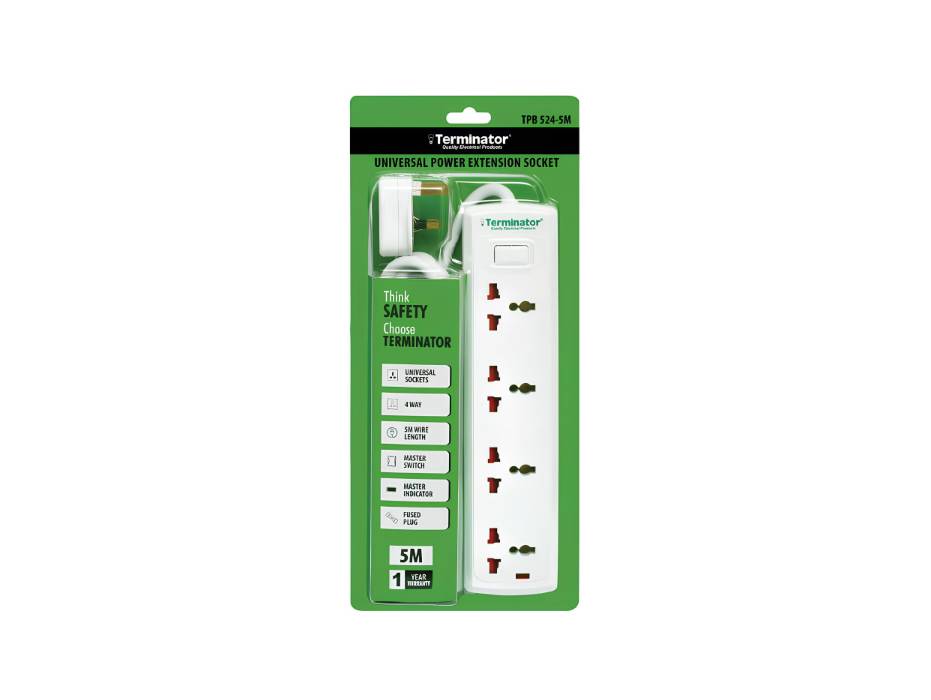 Terminator 4 Way Universal Power Extension Socket With Master Switch, Indicator and 5M Cable - TPB 524-5M
