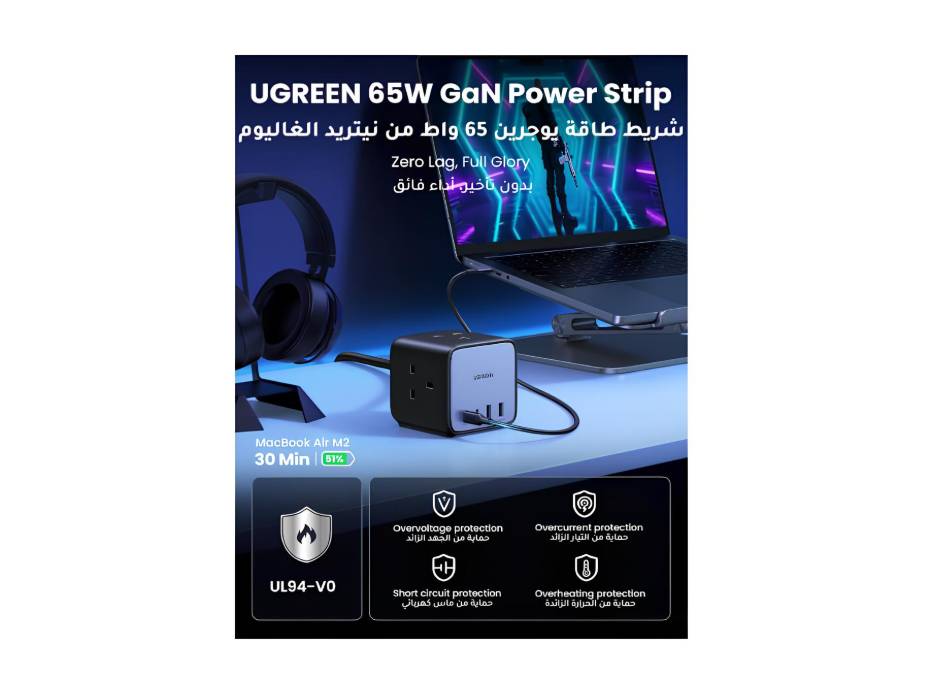 UGREEN Multiple Power Strip, Nexode 65W GaN USB C Charger, 7-in-1 Charger Station 4-Port USB Fast Charging Extension Cord with 3 AC Outlets