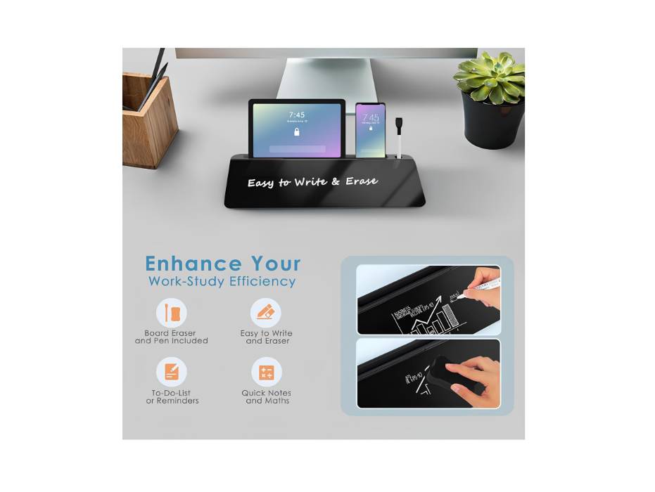 Glass Desktop Dry Erase Board with Storage, Black