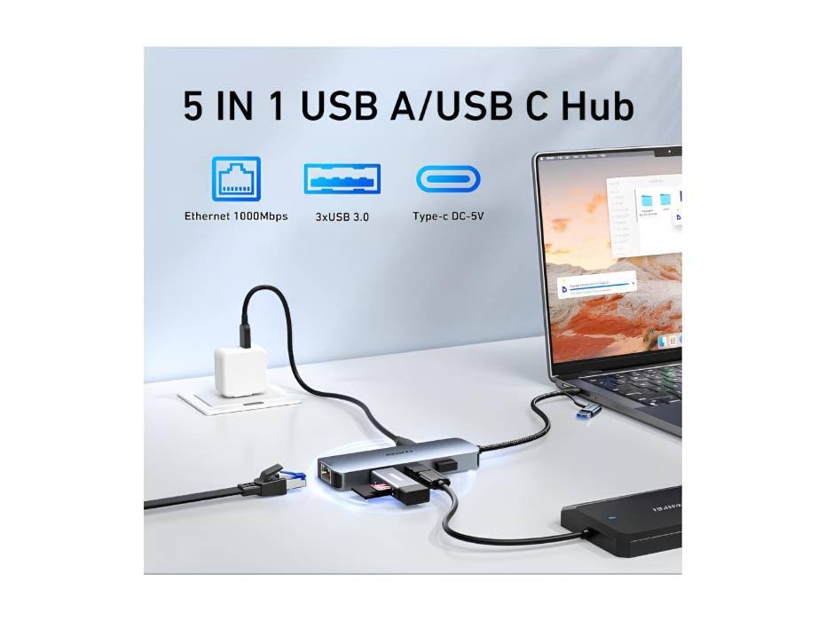 BENFEI 5 in 1 USB-C/ USB 3.0 to Gigabit Ethernet Adapter, 3-Port USB 3.0 Hub with RJ45