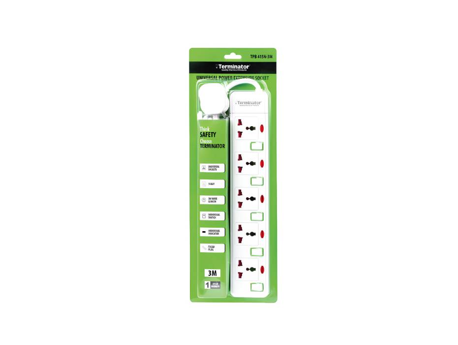 Terminator 5 Way Universal Power Extension Socket With Green Border Switches & Indicators 3M 13A - TPB 415N-3M
