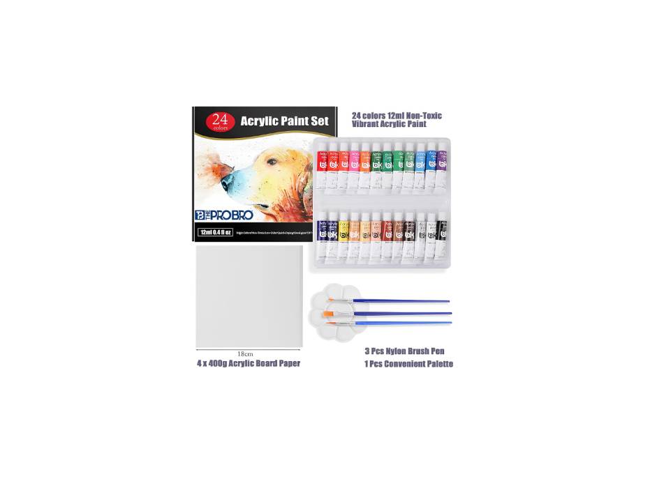 THE PRO BRO Acrylic Paint Set, 24 Vivid Colors (12ml) Art Craft Paint Supplies for Canvas Wood Ceramic Rock Painting