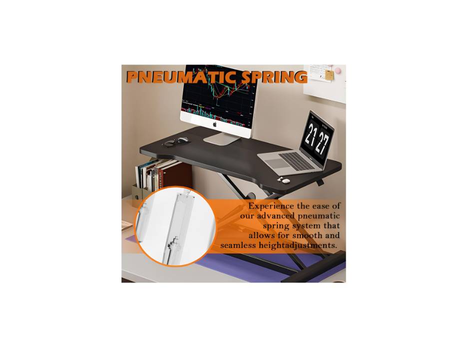Standing Desk Converter, Single Layer Pneumatic Stand Up Desk Riser, Height Adjustable Computer Workstation for Laptops Dual Monitor Standing Work Desk
