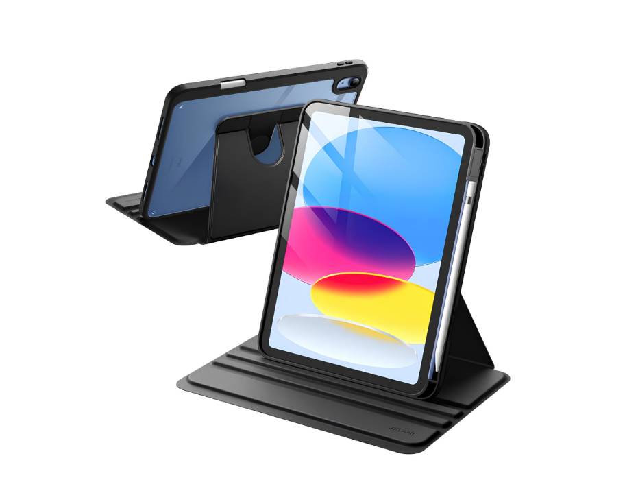 Rotating Case with Pencil Holder for iPad (A16) 11th/10th Generation, 360 Degree, Clear Back, Black