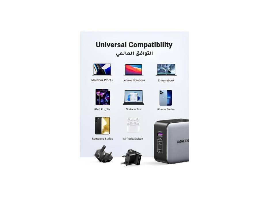 UGREEN 65W Universal Travel Adapter,US/UK/EU Plug,Nexode GaN USB C Charger Plug 3-Port Fast Wall Charger Head