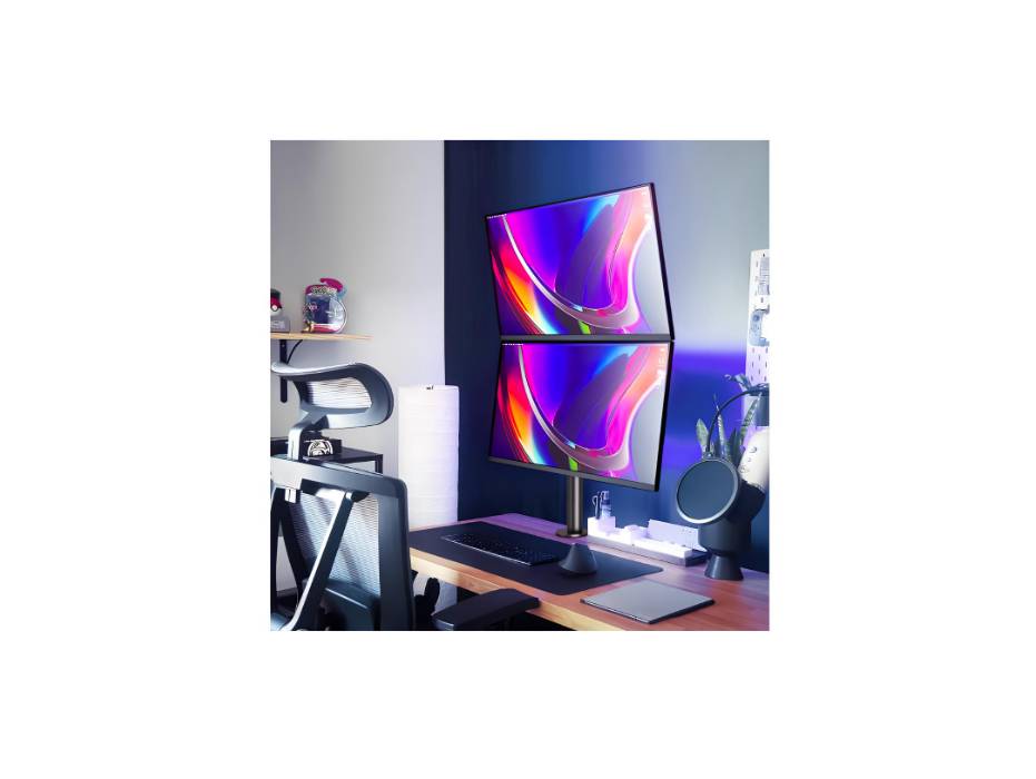 MOUNTUP Dual Monitor Stand Stacked, Vertical Stacked Monitor Mount for 2 Max 32 inch Screens, Computer Monitor Desk Mount with Height Adjustable, Swivel, Tilt, VESA Bracket with C-Clamp & Grommet Base