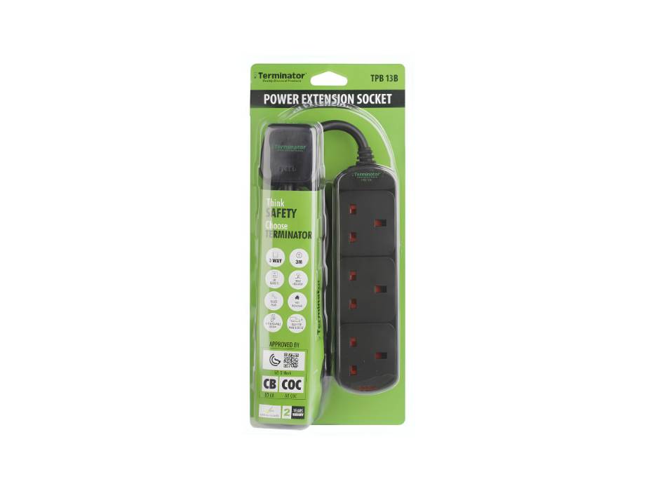 Terminator 3 Way UK Power Extension Socket 3M Cable  (Black) - TPB 13B-3M
