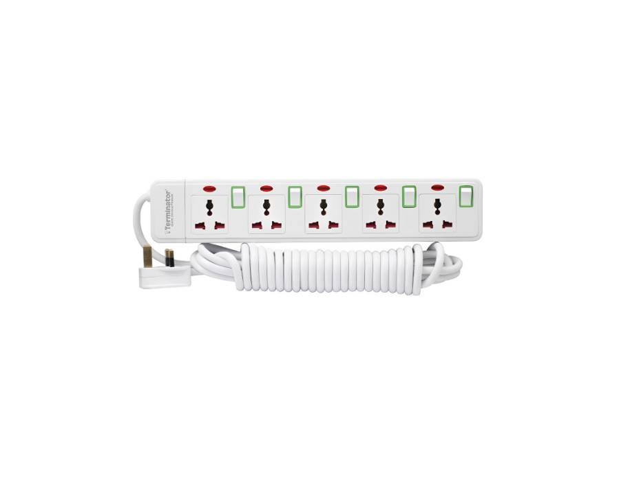 Terminator 5 Way Universal Power Extension Socket With Green Border Switches & Indicators 5M 13A - TPB 415N-5M