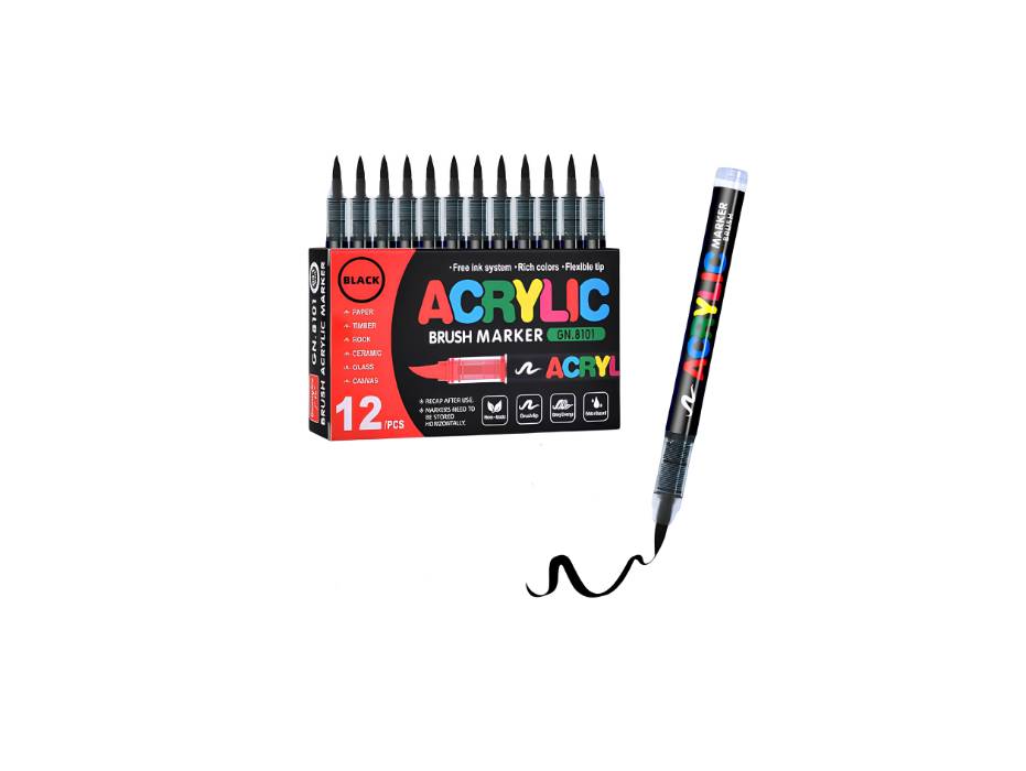 Black Acrylic Paint Pens, 12 Pack Soft Brush Tip Acrylic Paint Markers