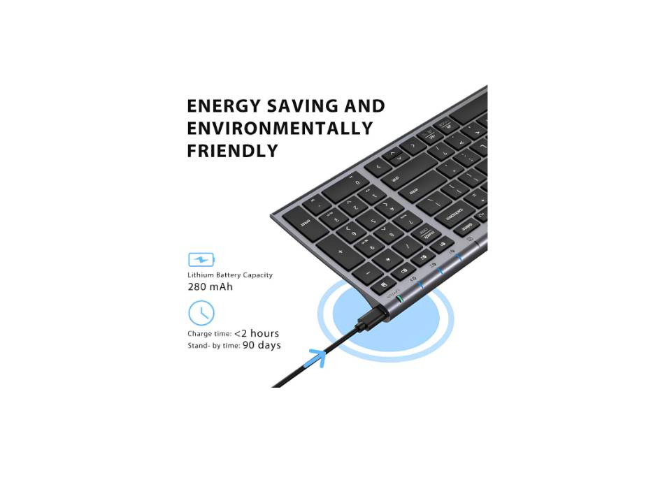 iClever Bluetooth Keyboard BK10, Multi Device Keyboard Rechargeable with Number Pad Ergonomic Design Full Size, Grey Black