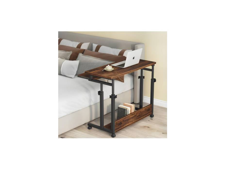 Tribesigns Portable Desk for Sofa and Bed, Height Adjustable Laptop Table Small Standing Desk Rolling Computer Cart with Keyboard Tray on Wheels for Home Office, Brown
