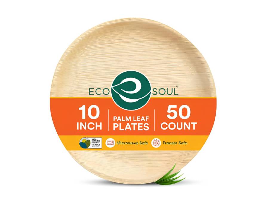 ECO SOUL [10 inch, 50-Pack] Areca Palm Leaf Round Plates Disposable Eco-Friendly Biodegradable Like Bamboo Wood Plates, Round