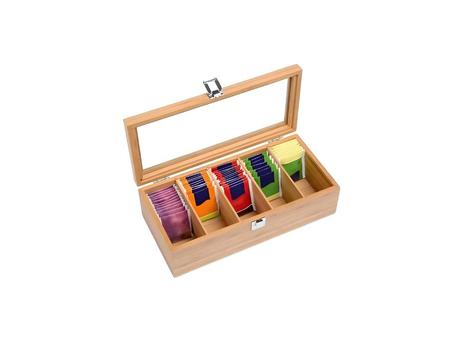 Tea Bag Organizer, Wooden Tea Box with Transparent Hinged Lid