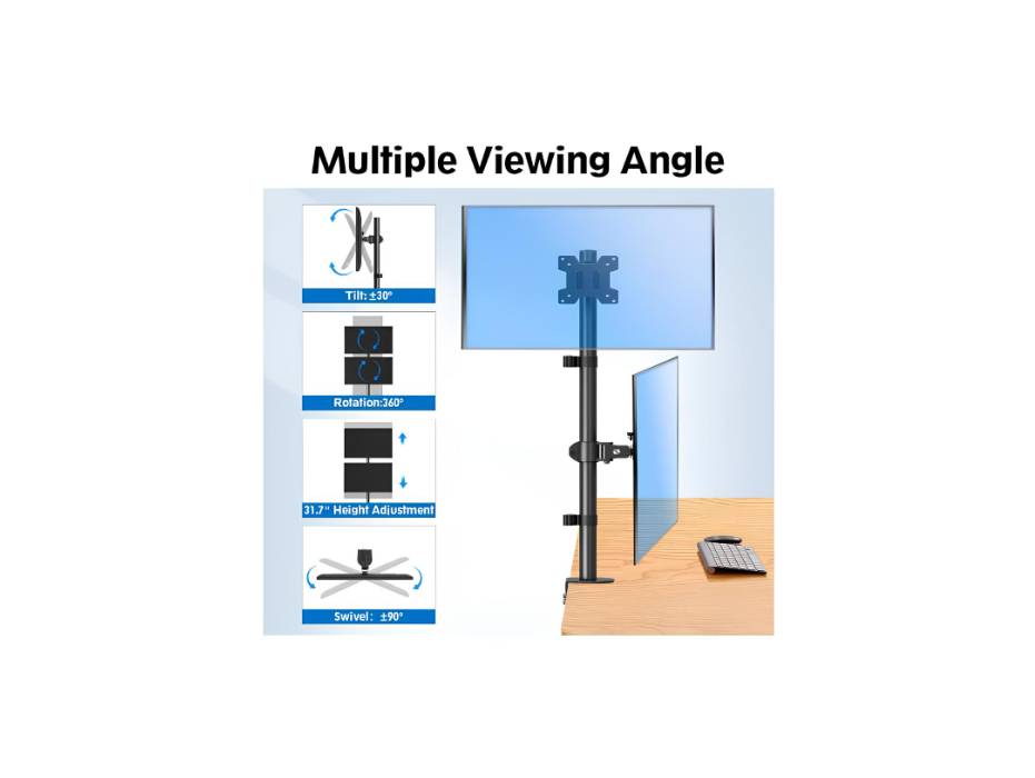 MOUNTUP Dual Monitor Stand Stacked, Vertical Stacked Monitor Mount for 2 Max 32 inch Screens, Computer Monitor Desk Mount with Height Adjustable, Swivel, Tilt, VESA Bracket with C-Clamp & Grommet Base
