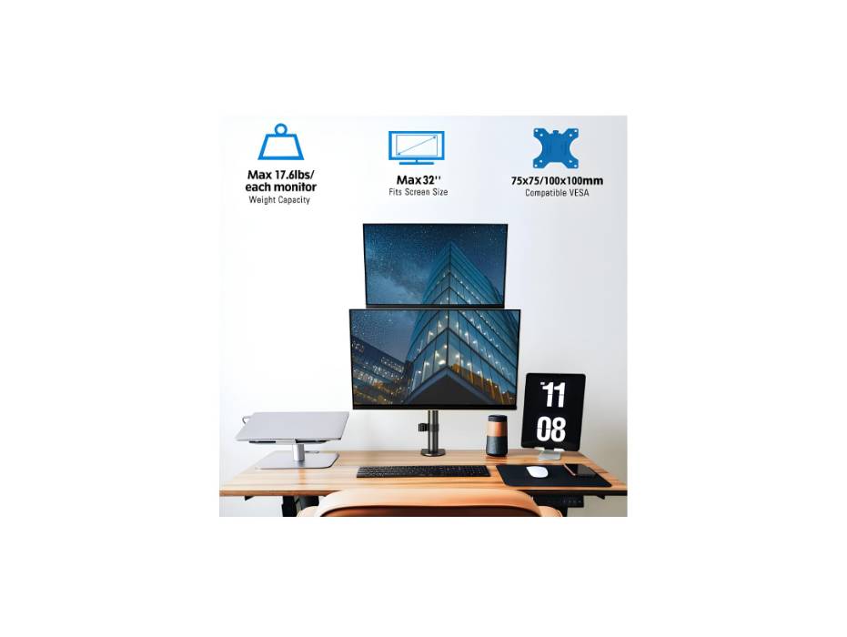 MOUNTUP Dual Monitor Stand Stacked, Vertical Stacked Monitor Mount for 2 Max 32 inch Screens, Computer Monitor Desk Mount with Height Adjustable, Swivel, Tilt, VESA Bracket with C-Clamp & Grommet Base