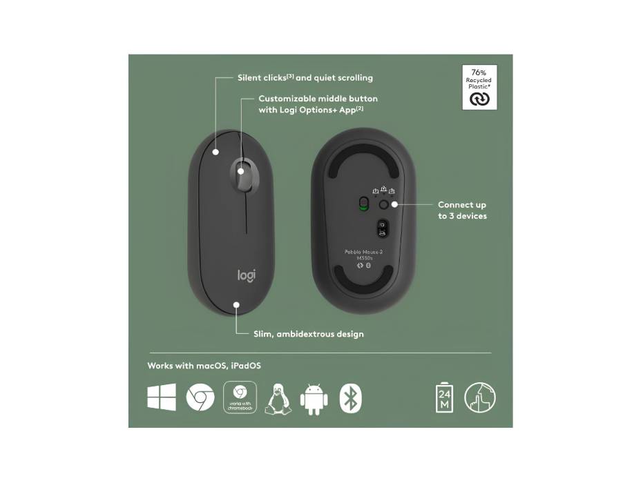 Logitech Pebble Mouse 2 M350s Slim Bluetooth Wireless Mouse, Graphite