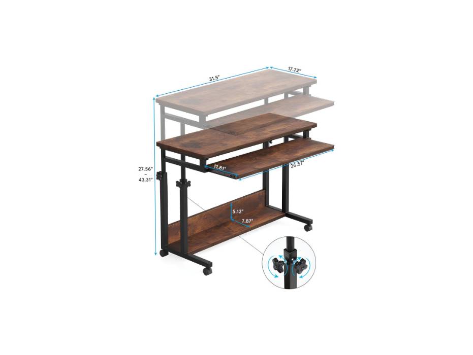 Tribesigns Portable Desk for Sofa and Bed, Height Adjustable Laptop Table Small Standing Desk Rolling Computer Cart with Keyboard Tray on Wheels for Home Office, Brown