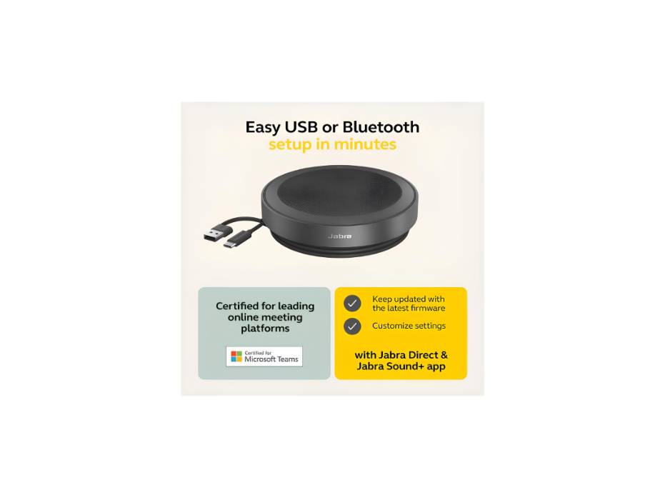 Jabra Speak2 75 Wireless Bluetooth Speakerphone for Work and Music - 4 Noise-Cancelling Mics, 65mm Speakers - USB-A Adapter - Certified for Microsoft Teams - Dark Grey