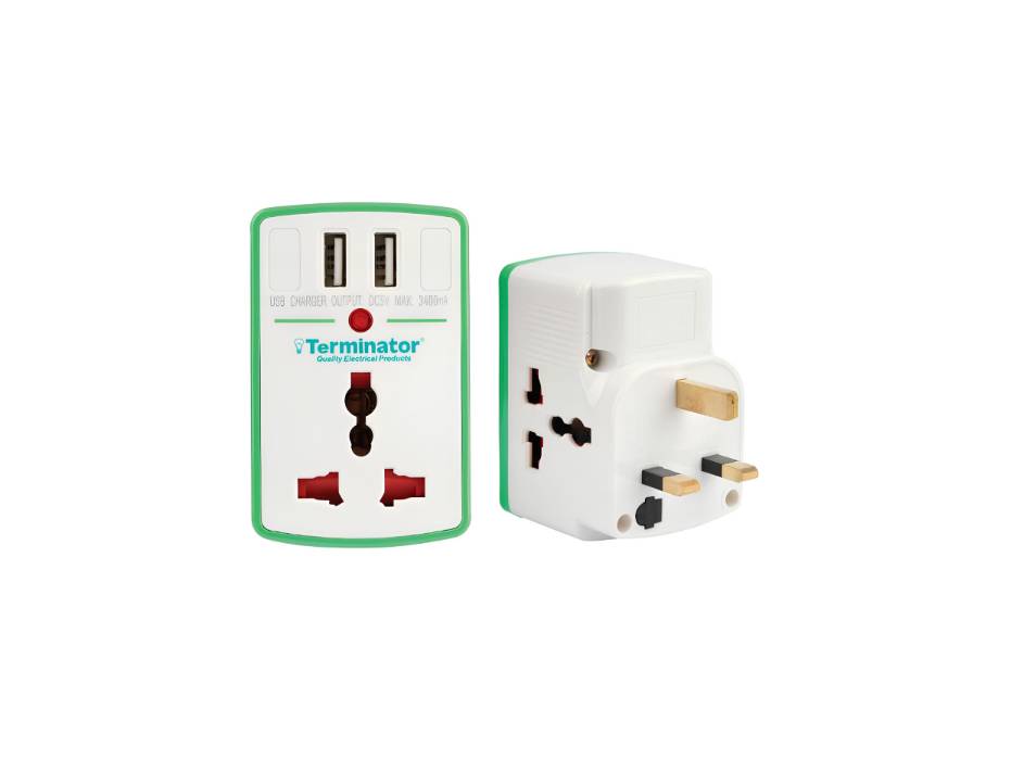 Terminator 3 Way Universal Multi Adaptor With 2 USB Sockets 3.4A & Indicator 13A Plug - TMA 30U2