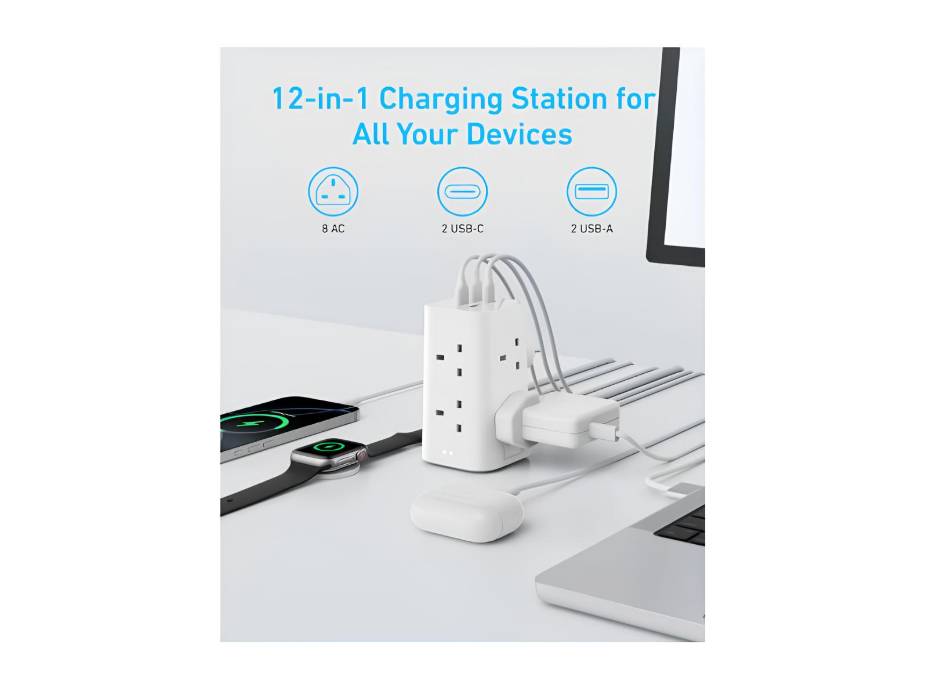 Anker Tower Extension Lead with USB Slots, 12-in-1 Surge Protector Plug Extension Socket with Switch (13A, 2990W), 2m Extension Cable