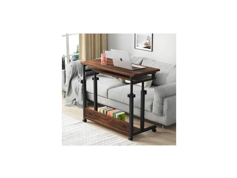 Tribesigns Portable Desk for Sofa and Bed, Height Adjustable Laptop Table Small Standing Desk Rolling Computer Cart with Keyboard Tray on Wheels for Home Office, Brown