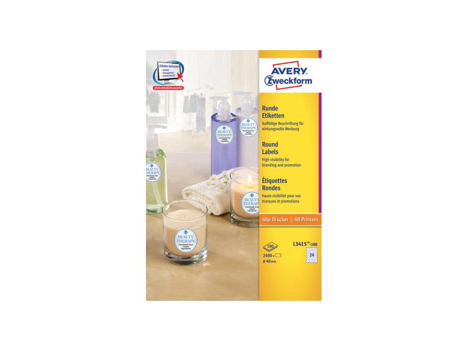 Avery L3415-100 Self-Adhesive Round Labels, 40mm, 24 Labels/Sheets (100sheets/pack) - Altimus