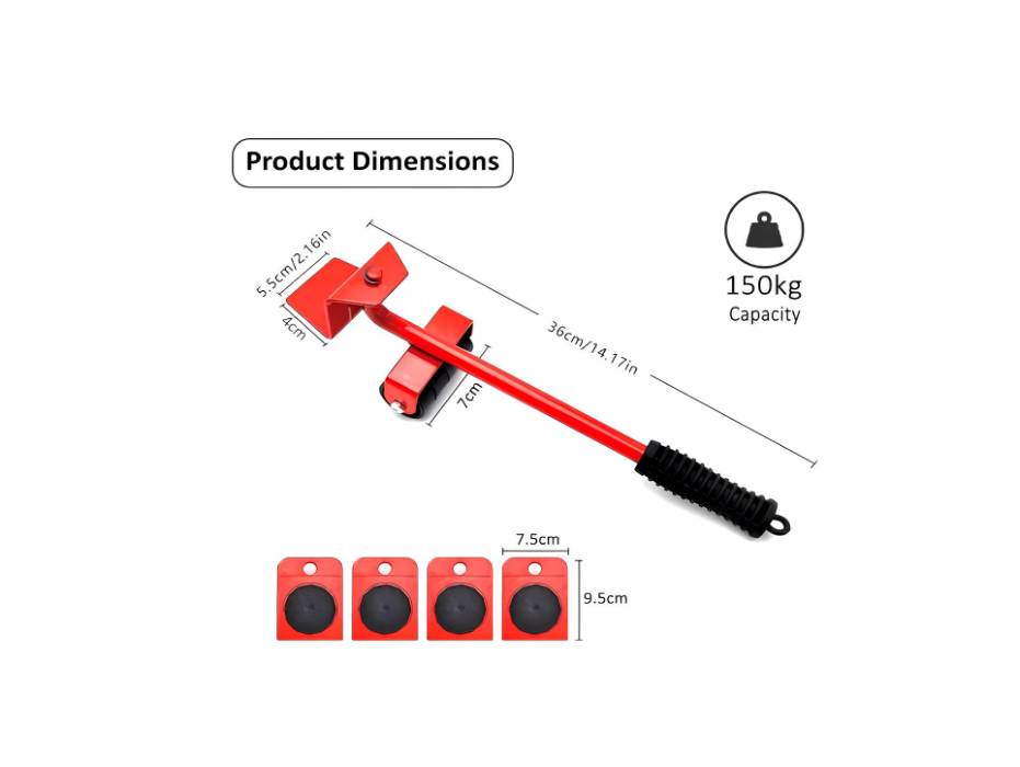 Furniture Lifter moving Tools Set (1pc Lifter & 4pcs Slider), 150kgs Capacity