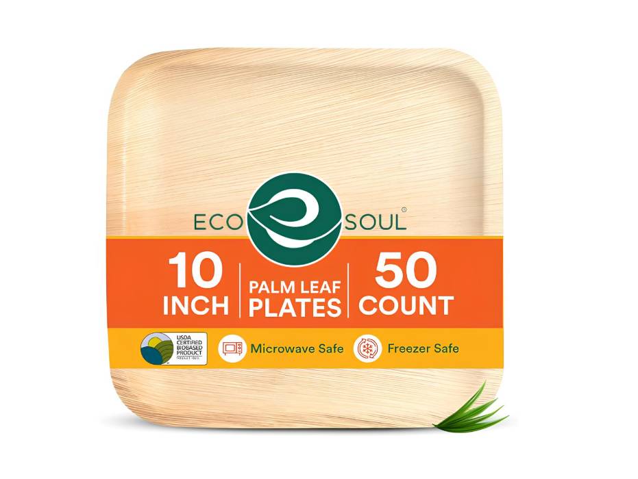 ECO SOUL [10 inch, 50-Pack] Areca Palm Leaf Round Plates Disposable Eco-Friendly Biodegradable Like Bamboo Wood Plates, Square