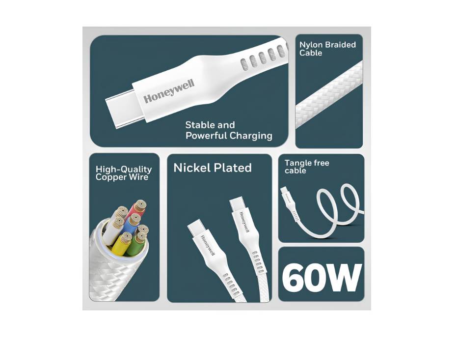 Honeywell USB Type C to Type C Cable, PD 60W, 1.2Meters, White