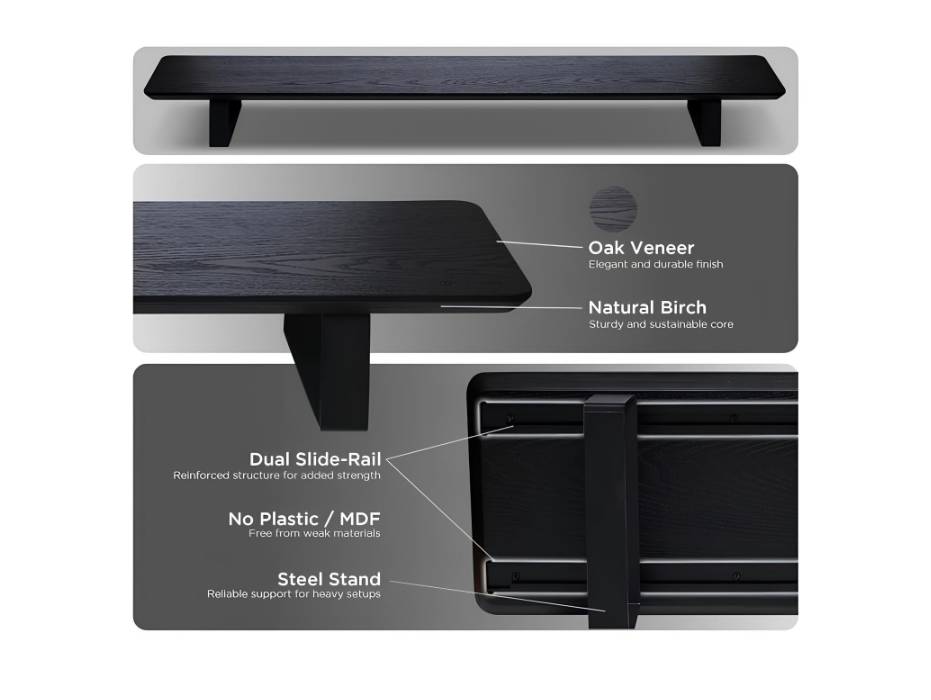 Moodular Wooden Monitor Stand 45.6” (116cm) Large Desk Organizer with Metal Slide Rails, Black