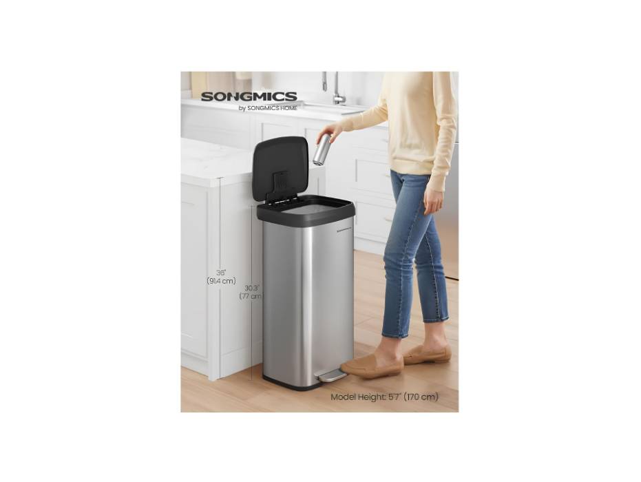 SONGMICS 18-Gallon (68L) Stainless Steel Garbage Can, with Stay-Open Lid and Step-on Pedal, Soft Closure, Silver and Black ULTB520E68