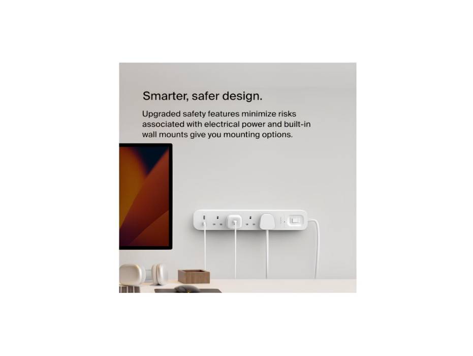 Belkin 4 way Protector Power Board 2 Meter with Green Indicator Light, USB-C Port & USB-A Port w/ USB-C PD Fast Charging