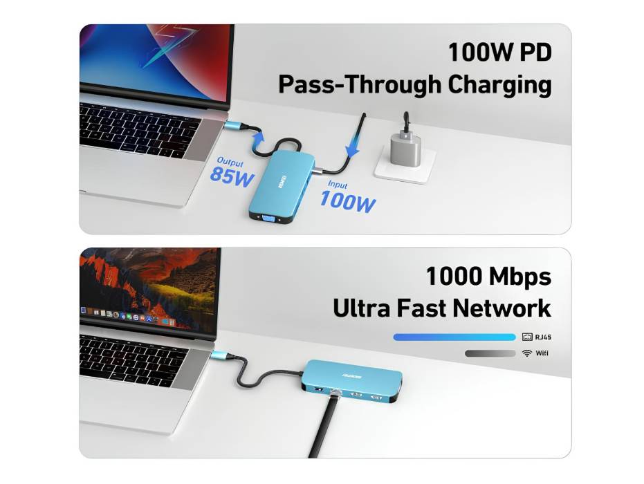 BENFEI 11-in-1 USB C Hub Triple Display Docking Station Dual HDMI, VGA, 3*USB 3.0, 1Gbps Ethernet, 100W Power Delivery, SD/TF Card Reader, 3.5mm AUX Audio