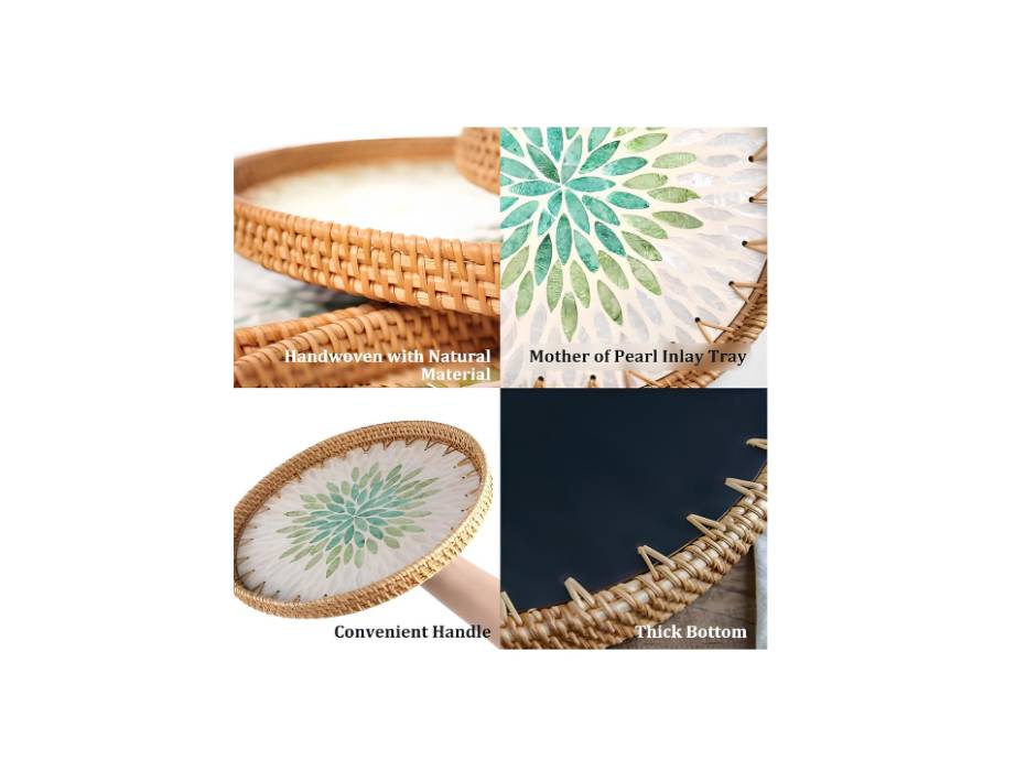 Rattan Tray with Mother of Pearl Inlay Display Wicker Basket