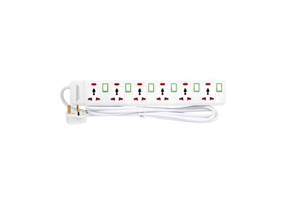Terminator 6 Way Universal Power Extension Socket With Green Border Switches & Indicators 5M 13A - TPB 416N-5M