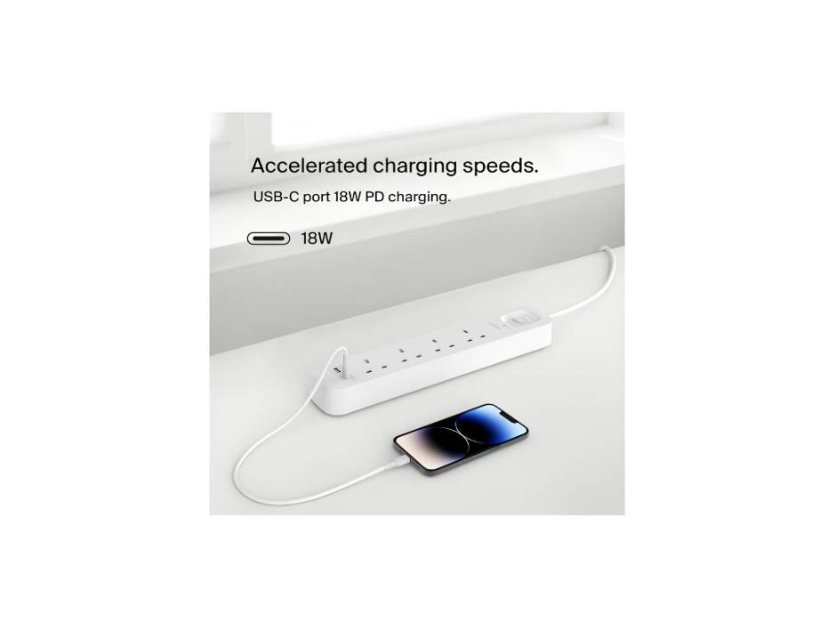 Belkin 4 way Protector Power Board 2 Meter with Green Indicator Light, USB-C Port & USB-A Port w/ USB-C PD Fast Charging