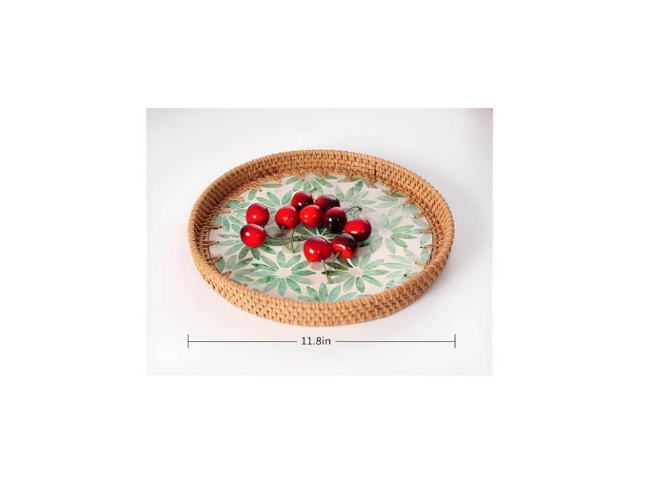 Rattan Tray with Mother of Pearl Inlay Display Wicker Basket