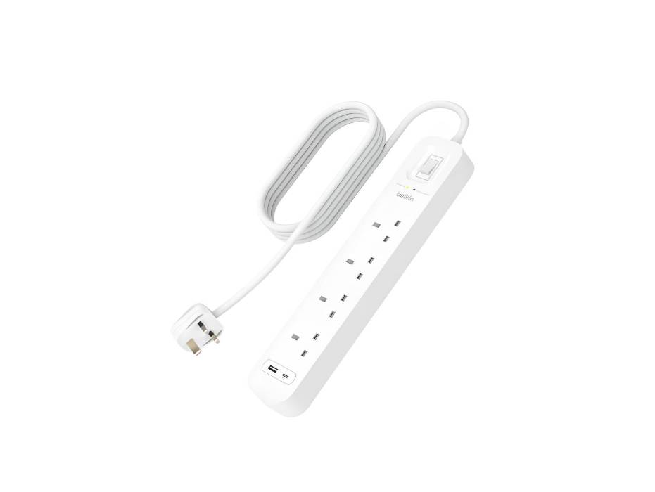 Belkin 4 way Protector Power Board 2 Meter with Green Indicator Light, USB-C Port & USB-A Port w/ USB-C PD Fast Charging
