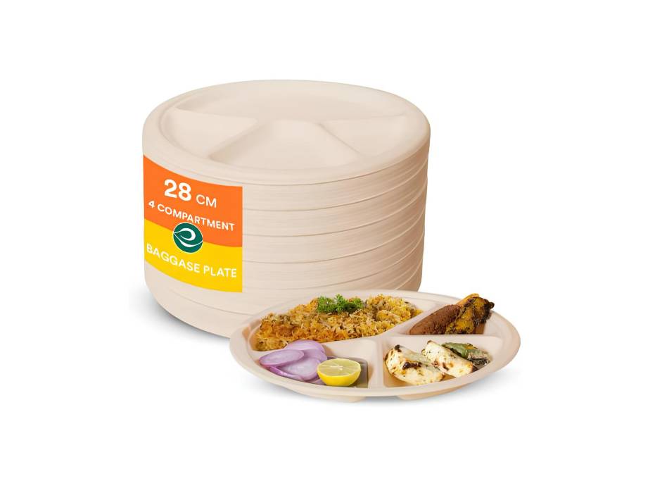 ECO SOUL | Round 4 Compartment Bagasse Plates | 11 Inch - Pack of 25 | Disposable Plates Big Size | Beige Eco-Friendly Sugarcane Plates