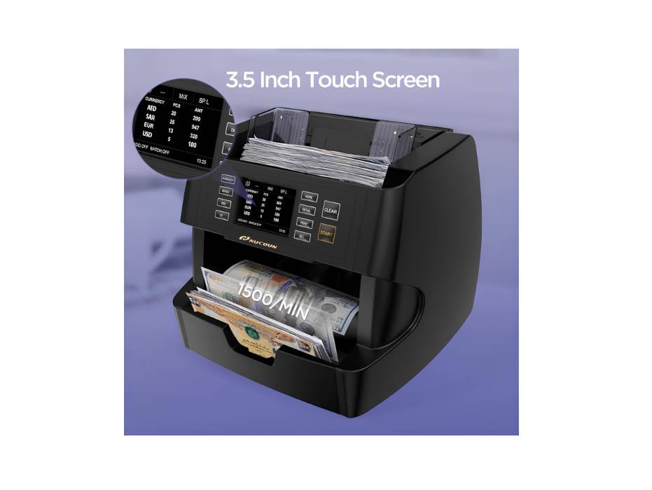 NUCOUN VC-3-AE Mixed Denomination Note Counter, Value Counting Money Counter Machine, CIS/UV/IR/MG/MT Counterfeit Detection, AED/EUR/USD/SAR Enabled, Printer Enabled, Bill Cash Counter