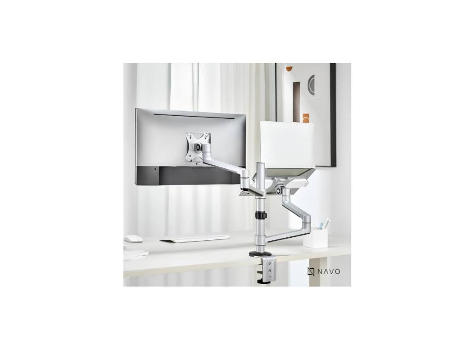 Navodesk Control Monitor Arm Model L with Laptop Tray - Dual Monitor Stand for 17" to 32" Screens & 11.6" to 17.3" Laptops - Ergonomic and Space-Saving Design, Silver