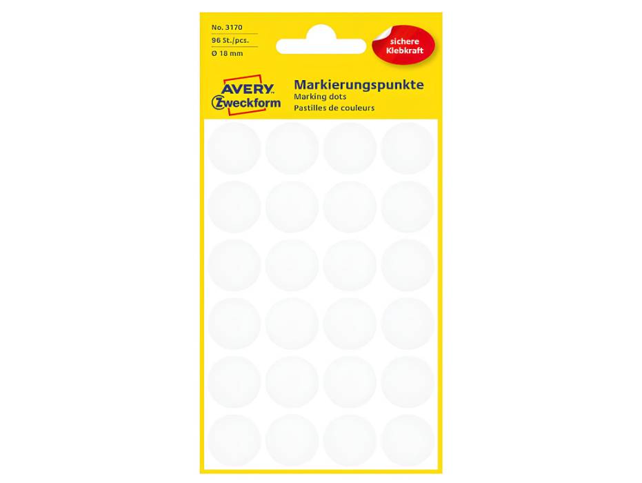 Avery Marking Labels, Dots, 18 mm, white, 96/pack  (3170)